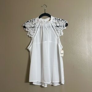 Love Letter Top Sz L Lace Feminine Layering Piece Semi Sheer Mock Neck Office